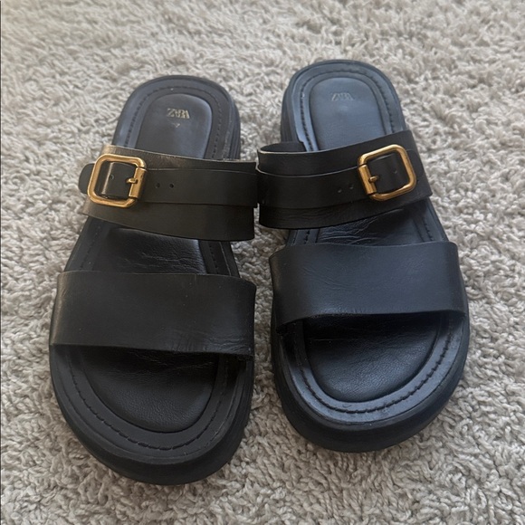 Zara black leather flat lug sole sandals 7 - Picture 3 of 6